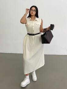 SHEIN MOOSTA 大码春夏休闲时尚高端法式复古领百搭前后开衩日常通勤工作服连衣裙 - 杏色 - 查看 4