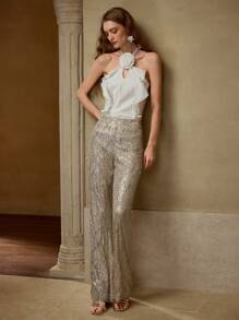 MOTF PREMIUM SEQUIN FLARE LEG PANTS - Apricot - View 6