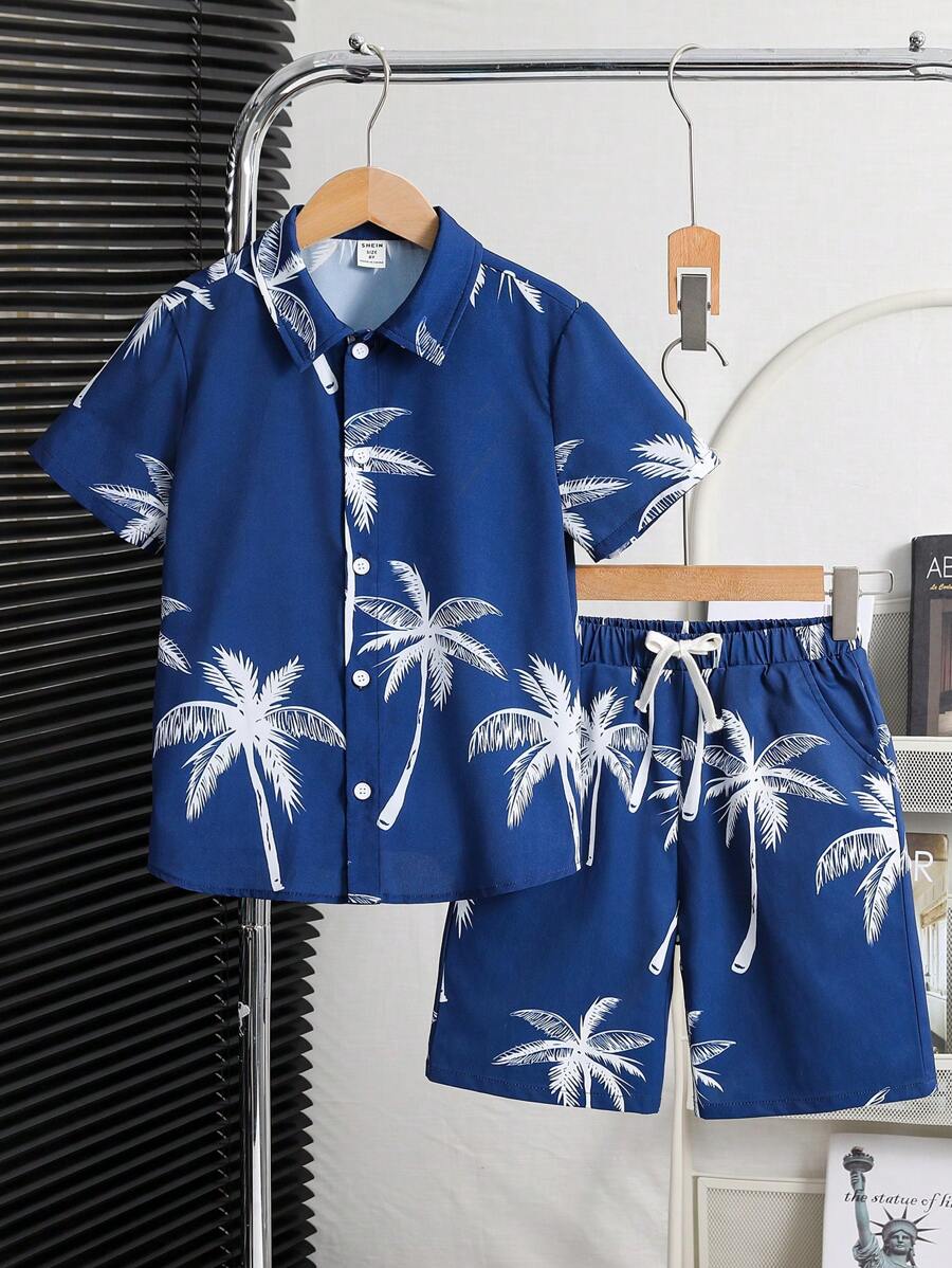 SHEIN Bộ 2 món áo sơ mi tay ngắn dệt cổ bẻ cho bé trai tuổi mới lớn và quần short - Màu xanh hải quân - Xem 1