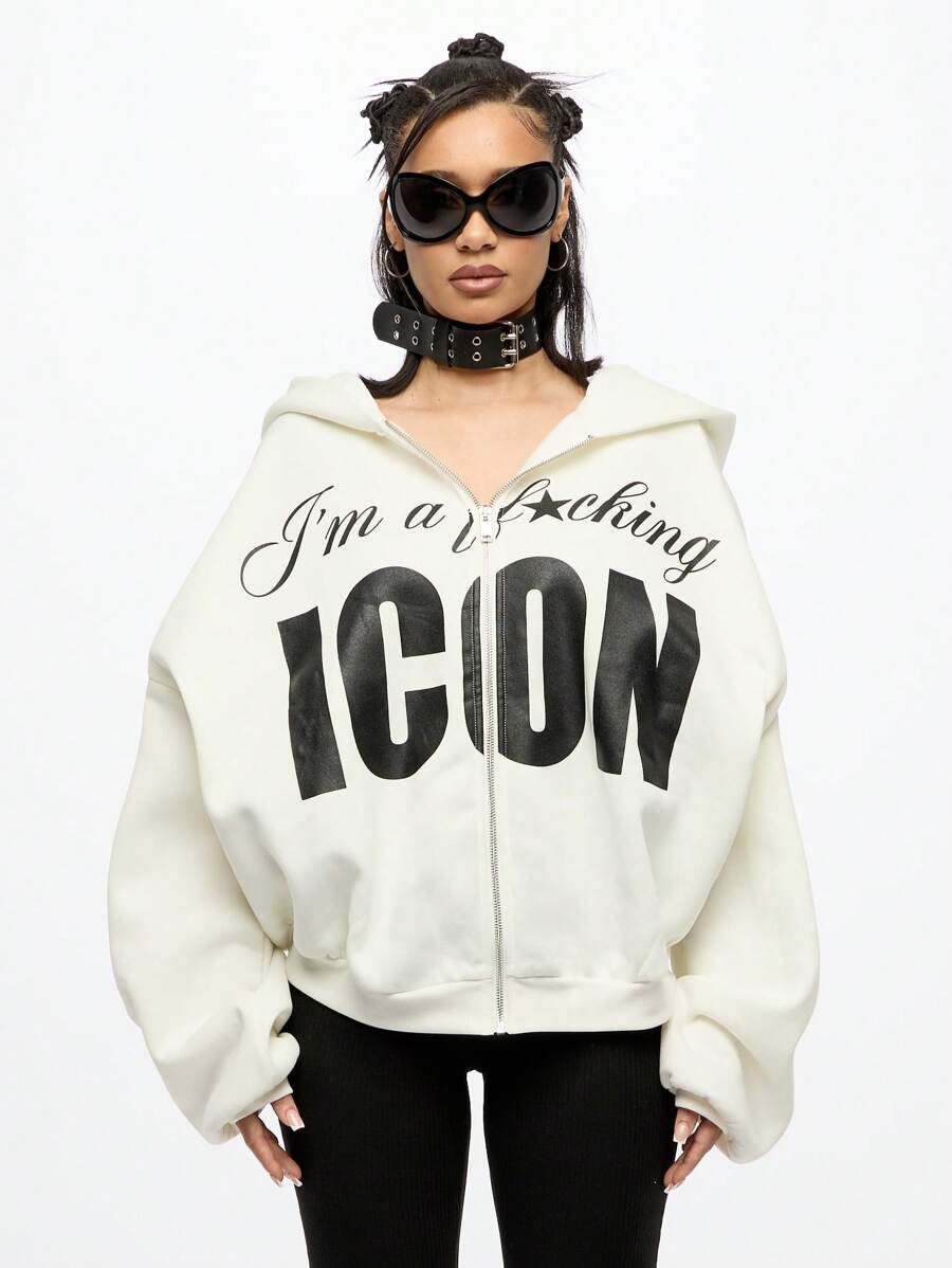 SUMWON WOMEN 超大时尚偶像连帽衫冬季拉链街头风运动衫，带有图形文字印花休闲都市风格舒适家居服 - 白色 - 查看 1