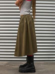 COUREZ Parachute Low Waist Midi Skirt Y2K Vintage 100%Cotton - Army Green - View 2