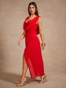 Hauture Plunging Neckline Women's Dress, Sexy Lace Splice Chiffon Fabric Flowing Dress, Elegant See-Through Beach Dress For Spring And Summer