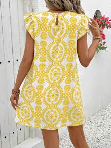 Vivid Eden Women's Round Neck Ruffle Trim Patchwork A-Line Casual Vacation Dress - Yellow - View 2
