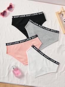 4pcs Tween Girls Ribbed Letter Elastic Comfy Triangle Briefs - Black - View 2