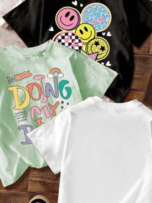 SHEIN Leap Crew Young Girl Casual Cartoon Pattern Multipack T-Shirts, Suitable For Summer - Multicolor - View 2