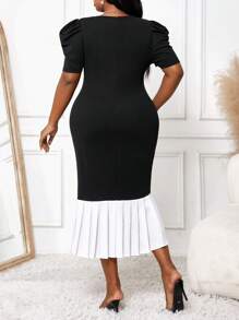 SHEIN Lady Váy midi dài tay xếp ly đuôi cá màu đen thanh lịch cho mùa xuân và mùa hè cỡ lớn - Đen và trắng - Xem 2