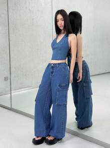 SHEIN EZwear Women's Ultra Low Rise Cargo Pants, Blue - Dark Wash - View 4