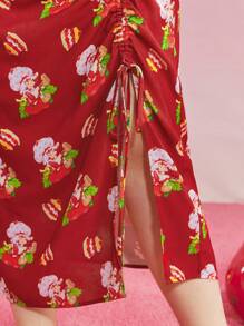 Strawberry Shortcake X SHEIN Plus Size Y2k Cute Strawberry Cake Print Drawstring Side Skirt - Red - View 6