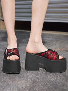 Sugerpunk Ladies' Fashion Buckle Thick Sole Sandals - Punk Style Casual Open Toe Platform Shoes For Summer - Comfortable Breathable Easy Slip-On - Red - View 4