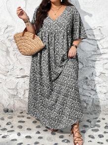 SHEIN CURVE+ Đầm Babydoll cổ chữ V tay ngắn họa tiết hoa rộng rãi cho nữ đi nghỉ mát cỡ lớn - màu đen - Xem 5