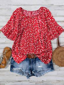 SHEIN LUNE Áo sơ mi tay raglan cổ tròn in họa tiết toàn thân cỡ lớn dành cho nữ - Đỏ - Xem 1
