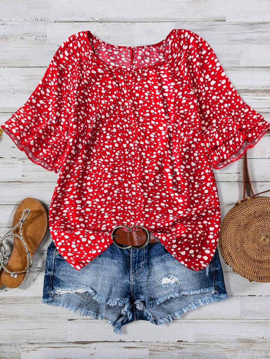 SHEIN LUNE Áo sơ mi tay raglan cổ tròn in họa tiết toàn thân cỡ lớn dành cho nữ - Đỏ - Xem 1