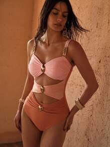 MOTF PREMIUM Bộ đồ bơi liền mảnh cắt khối màu - Hồng - Xem 6