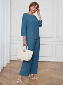 Miaspire 女士纯色长袖圆领上衣和裤子两件套，简约时尚，适合夏季和商务休闲场合。 - 藍色 - 查看 7