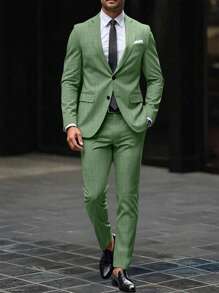 Calvornis 男士纯色长袖西装外套和裤子套装男士正装西服男士正装西装男士正装西服 - 綠色 - 查看 4