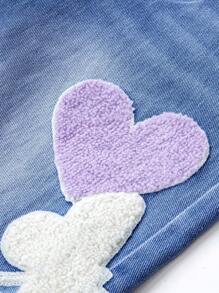 Teen Girl Casual New Fashionable Heart Embroidery Washed Straight-Leg Jeans,Holiday,Summer,Travel - Medium Wash - View 4