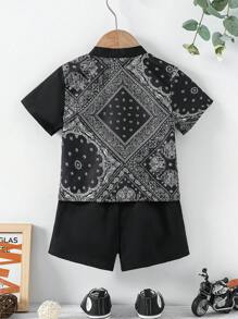 2pcs/Set Toddler Boys Summer Casual Cashew Print Short Sleeve Top And Matching Shorts, Suitable For Cool Kids Daily Wear