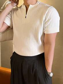 DAZY 男士纯色拉链高领短袖针织上衣，夏季四分之一拉链款 - 白色 - 查看 3