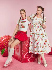 Strawberry Shortcake X SHEIN Plus Size Floral Dot Strawberry Print Ruffled Square Neck Short Sleeve Sundress, Cute Y2K Style For Summer, Spring, Vacation, Rave, Festival, Retro, Lolita - White - View 4
