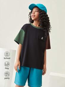 Tween-Mädchen Lässiges, sportliches Kurzarm-T-Shirt, Rundhalsausschnitt, Patchwork, Kontrastfarbe, lustiges T-Shirt mit Buchstabendruck, geeignet für den Alltag im Frühherbst, Outdoor-Aktivitäten, Urlaub, Streetstyle, Party und Lässig - Verschiedenfarbig - Übersicht 1
