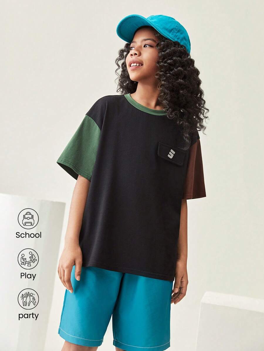 Tween-Mädchen Lässiges, sportliches Kurzarm-T-Shirt, Rundhalsausschnitt, Patchwork, Kontrastfarbe, lustiges T-Shirt mit Buchstabendruck, geeignet für den Alltag im Frühherbst, Outdoor-Aktivitäten, Urlaub, Streetstyle, Party und Lässig - Verschiedenfarbig - Übersicht 1