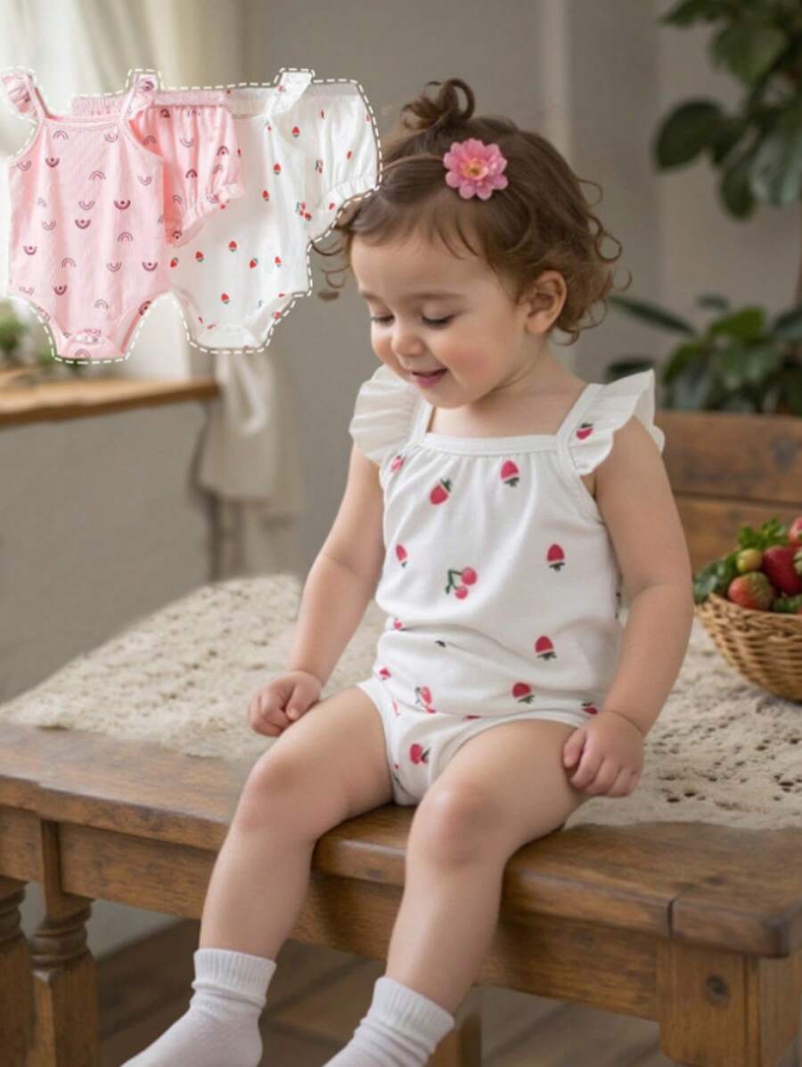 Bộ 4 món đồ đáng yêu cho bé gái mùa hè, áo liền quần không tay nhún bèo, áo liền quần in hình trái tim và cầu vồng, quần short nhún bèo, bộ đồ mặc ngoài trời hoàn hảo - Nhiều màu - Xem 1