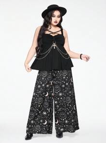 ROMWE Goth Plus Size Loose Mystic Star & Moon Printed Wide Leg Pants - Black - View 2