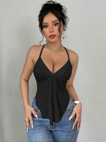 SHEIN PETITE 深V領不對稱下擺修身性感背心 女款白色極簡日常細肩帶背心，適合嬌小女性 - 黑色 - 查看 3