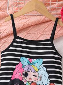 Young Girl Striped Knit Cute Girl Print Camisole Dress