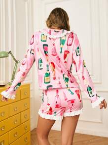 Contrast Color Open Front Women's Pajama Set