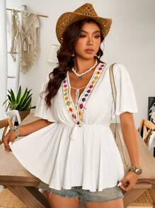 Breezaya Colorful Floral Patchwork Waist-Tie V-Neck Tassel Bohemian Casual Blouse, Loose Flared Hem, Shoulder-Off Short Sleeve, Chic & Versatile, Plus Size, Suitable For Music Festival, Valentine's Day, Thanksgiving, Leisure Gathering, Beach Vacation, Picnic