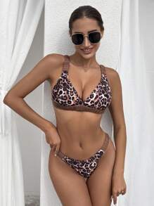 SHEIN Swim New Sexy Leopard Print Bikini 2 Pieces Swimwear For Women, Criss Cross Low Waist Triangle Bottoms Design, Beach, Hot Spring, Holiday Swimming Costume For Summer Beach Vacation