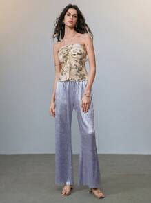 SHEIN LUNE Conjunto de camisola com alças finas e calças largas em folha de ouro - Damasco - Ver 5