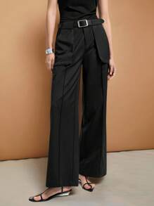 Ontre Pantalon ample décontracté de couleur unie pour femmes, design minimaliste, convient pour les déplacements urbains - Noir - Voir 1