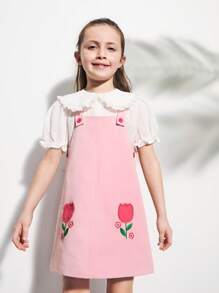 SHEIN Young Girl Floral Embroidered Pinafore Dress - Multicolor - View 5