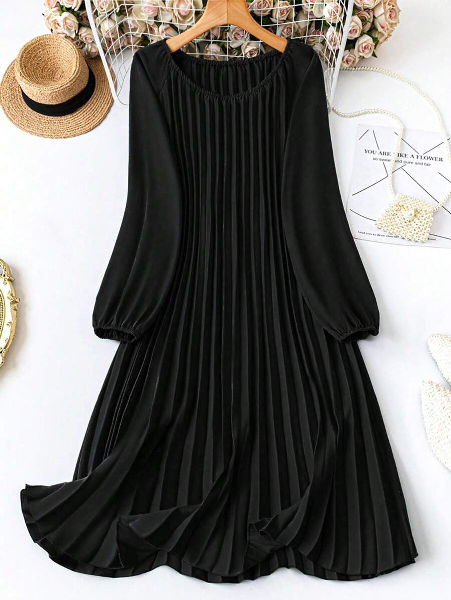 DreamSkyne Plus Size Women Pleated Lantern Sleeve A-Line Dress Fall Cloth For Women - Black - View 1