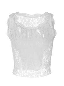 INAWLY Áo ba lỗ cổ tròn phối ren màu tương phản cho nữ - Nhiều màu - Xem 5