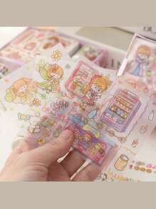 SHEIN 1box(8pcs) Kawaii Cartoon Aesthetic Stickers PVC Waterproof Journal Stickers Set For Bullet Journaling Notebook Diary Scrapbooking Planner Decoration School Supplies Valentines Day Birthday Gifts Teens Students