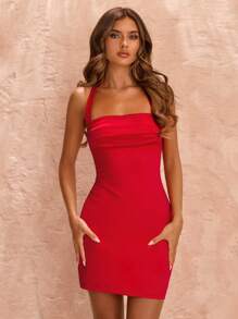 SHEIN BAE Spring/Summer Solid Crimson Pleated Satin Bodycon Halter Mini Dress, Red Dress, Date Dress, Wedding Guest Bridesmaid Dress,Summer Dresses For Women - Red - View 7