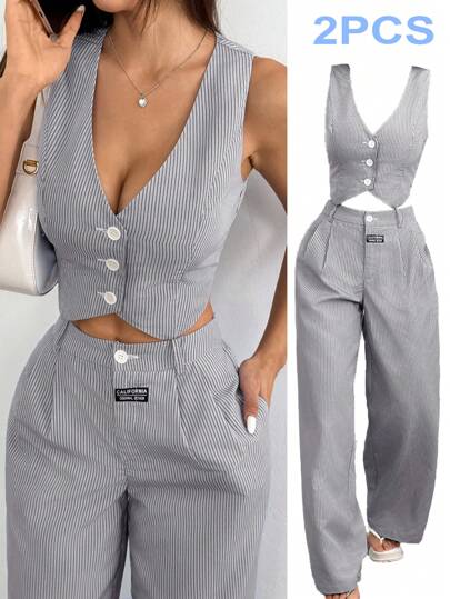 SHEIN EZwear Plus Size Women Striped Vest Matching Pants Sheer Formal Suit Set In Fall/Winter