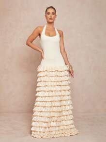 SHEIN X Scheana Lumalex 女士优雅纯色荷叶边饰带高低吊带连衣裙 - 白色 - 查看 5