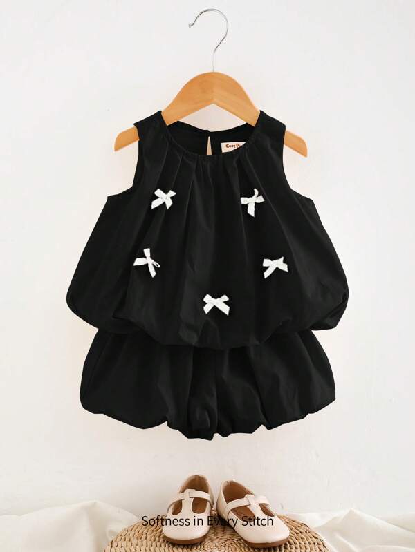 Cozy Pixies 2pcs/Set Baby Girls Bow Decor Round Neck Sleeveless Top And Elastic Waist Shorts Set