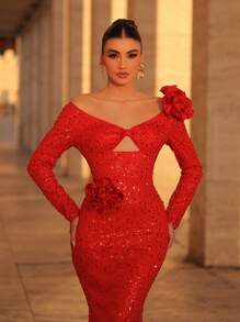 Glamrae Elegant Red Sequined Fabric Handmade Three-Dimensional Flower Chest Hollow Long Sleeve Fishtail Dress,Ladies Formal Dinner Evening Party Wedding Gown - Red - View 4