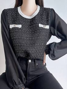 DAZY Blusa de manga farol con bloques de color y cuadros de malla para mujer