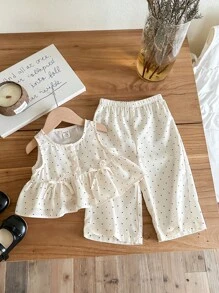 SHEIN LMoss Kids Babygirl Casual Cute Summer Polka Dot Sleeveless Top And Elastic Waist Pants Set