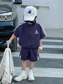SHEIN Leap Crew 2pcs Kids Boys Casual Korean Style Loose Half-Zip Hoodie & Shorts Set,Summer Short Sleeve Outing Outfit For School,Garden,Beach,Birthday,Spring,Fall - Navy Blue - View 6