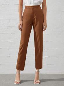 BizChic 女士棕色腰带条纹斜口袋亚麻纽扣休闲裤，浪漫优雅日常时尚百搭商务休闲装，复古风格女士西装，办公室穿着 - 棕色 - 查看 6
