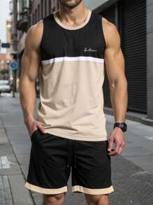 Manfinity Homme Men's Ins Fashion Casual Sports Style Multi-Color Stitching English Letters Printed Sleeveless Top And Drawstring Shorts Set, Stitching Design Top Men's Shorts Set, Comfortable Fabric And Excellent Workmanship Suitable For Daily Wear, Going Out, Meeting Friends, Going To School, Sports And Leisure. Can Be Used As A Gift For Father, Boyfriend, Husband, Son - Multicolor - View 1