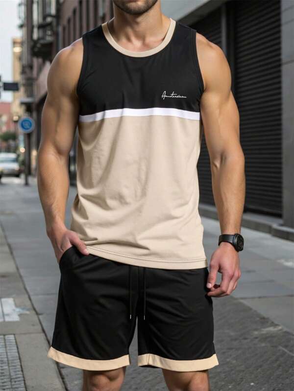 Manfinity Homme Herren-Set im modischen, lässigen Sportstil mit mehrfarbigen Nähten und englischen Buchstaben, ärmellose Weste und Shorts mit Kordelzug, Weste-Set mit Herren-Shorts im Nähdesign, bequemer Stoff und hervorragende Verarbeitung, geeignet für den Alltag, zum Ausgehen, Treffen mit Freunden, zur Schule, für Sport und Freizeit. Kann als Geschenk für Vater, Freund, Ehemann, Sohn verwendet werden.