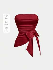 SHEIN MOD Áo hai dây không dây xếp nếp nơ thời trang dành cho nữ - Đỏ - Xem 5